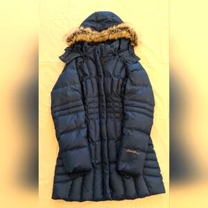 Eddie Bauer blue Sun Valley down parka w/ fur-lined hood, size small
